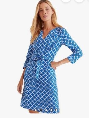 BODEN KELSEY BELTED 100% LINEN DRESS. SIZE 4R. BLUE AND WHITE.